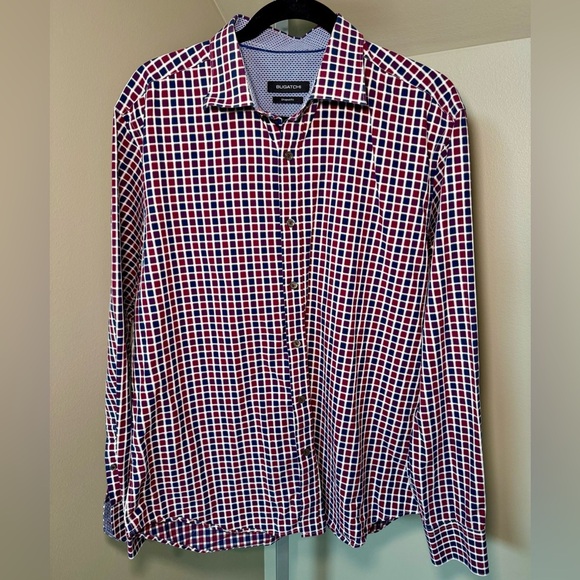 Bugatchi‎ Men's Size Large Shaped Fit Button Front Shirt Navy/Red Plaid - Picture 2 of 7